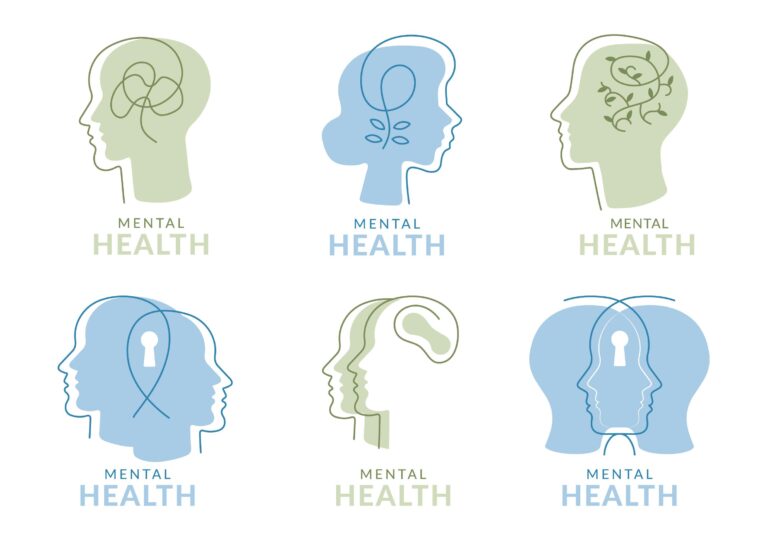 Grafika przedstawia sześć wariantów głów z podpisami Mental Health w kolorze seledynowym i błękitnym. Ilustracja do artykułu Psycholog, psychoterapeuta, czy psychiatra - do kogo pójść?