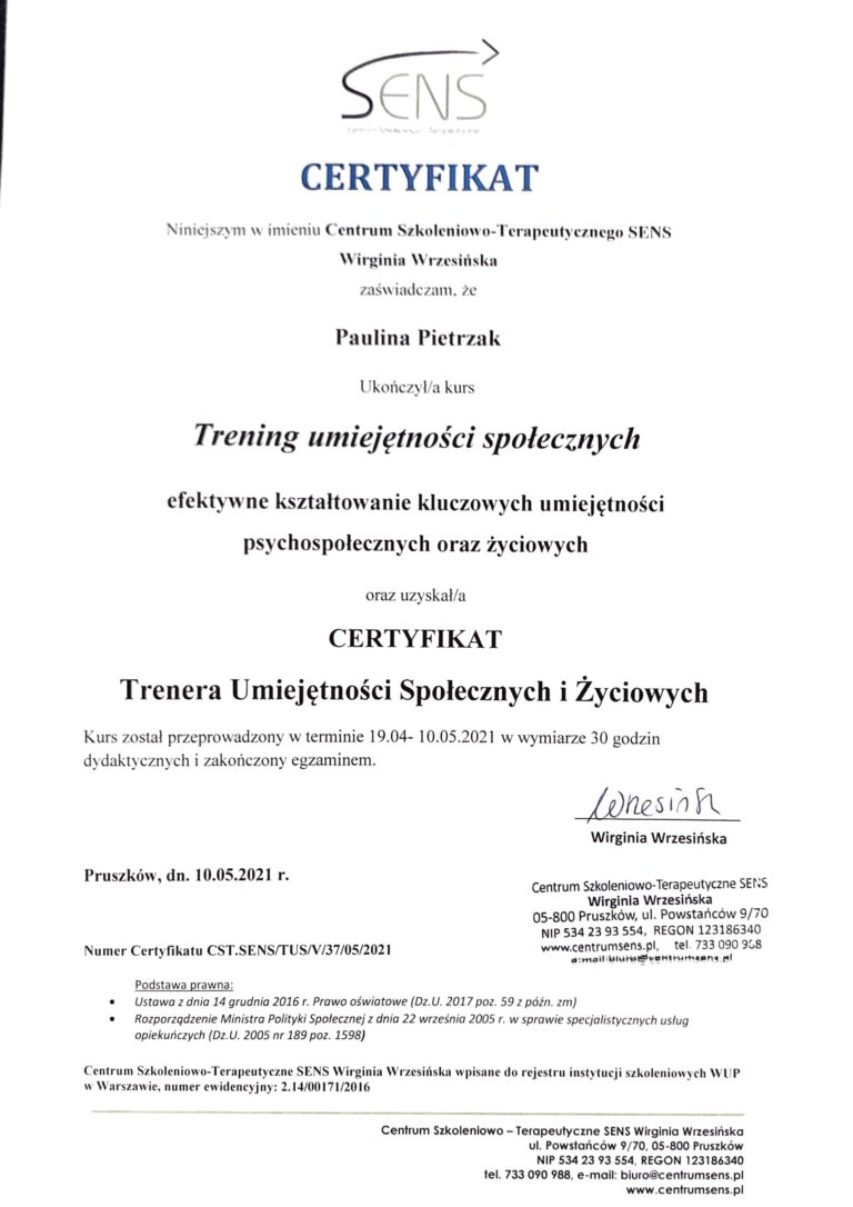 Certyfikat Trenera Umiejętności Społecznych i Życiowych Paulina Pietrzak