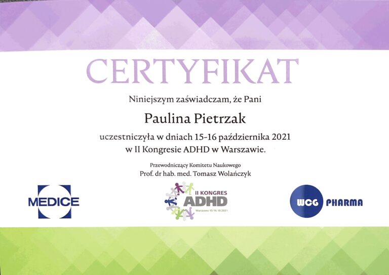 Certyfikat uczestnictwa w II Kongresie ADHD w Warszawie