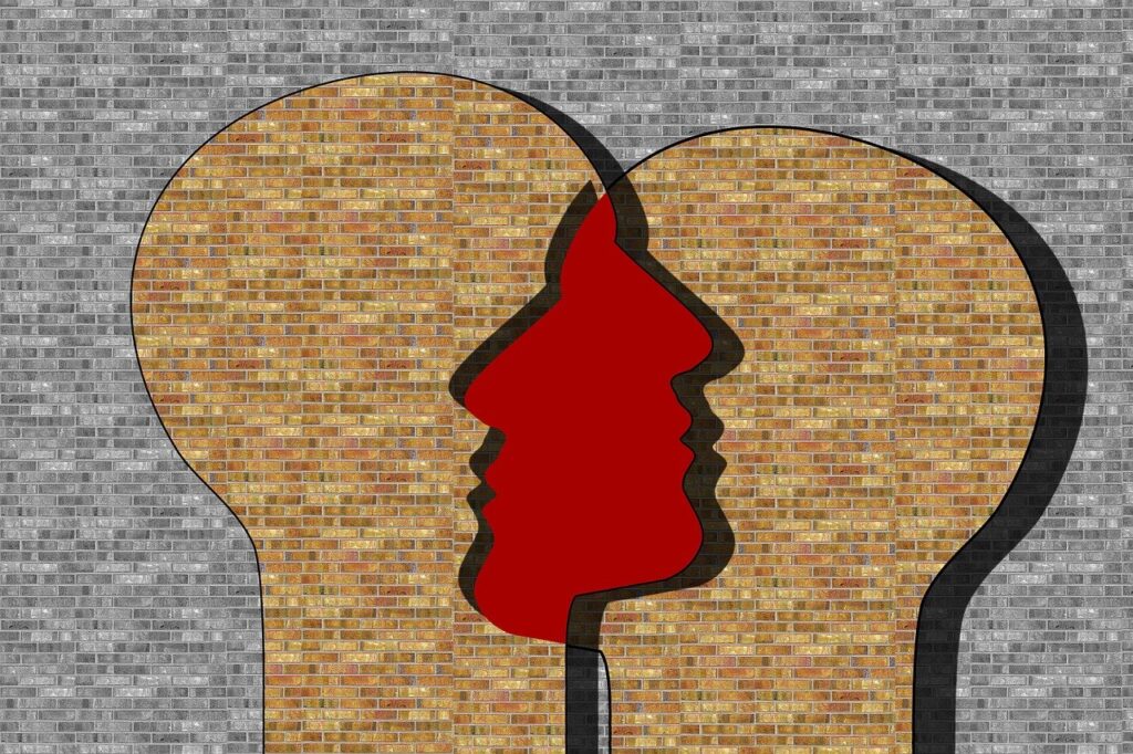 Czarno-biały ceglany mur. Na murze zarys dwóch przenikających się głów odwróconych do siebie profilami. Ilustracja do artykułu ADHD a borderline - jakie są podobieństwa a jakie różnice?