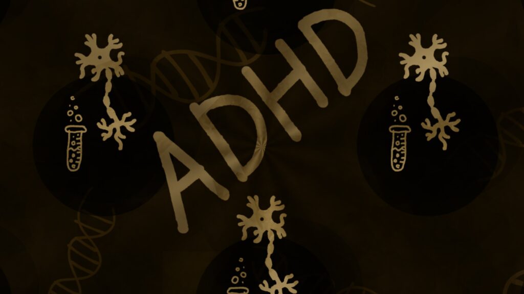Podtypy ADHD. Ciemnobrązowe tło, na nim złoty napis ADHD, fiolki i neurony. Ilustracja do artykułu Z przewagą zaburzeń koncentracji uwagi, nadpobudliwości czy mieszany? Jakie są typy ADHD?