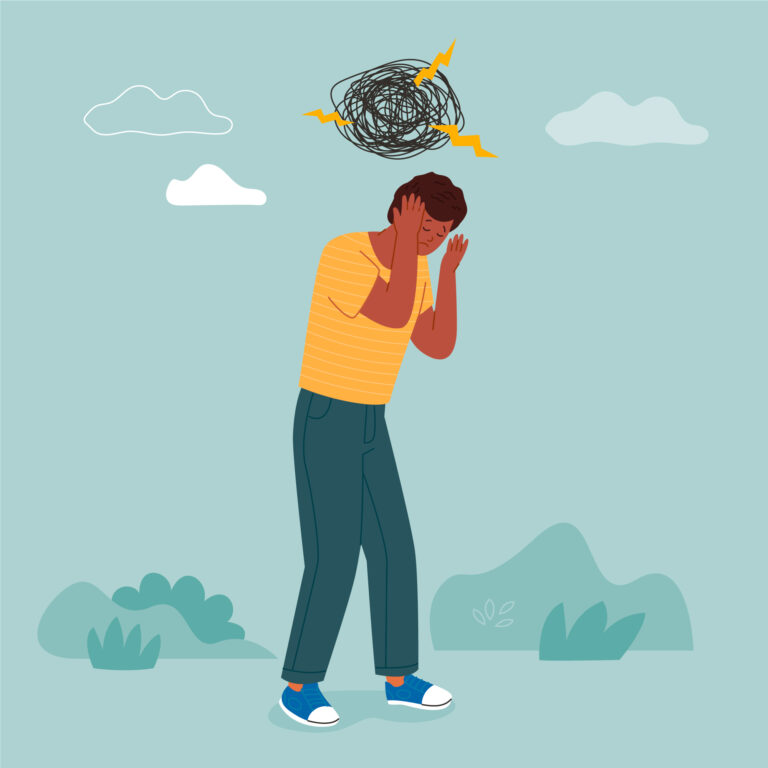 Czytanie w myślach. Ilustracja mężczyzny przytłoczonego myślami.