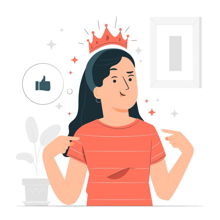 Prokrastynacja i perfekcjonizm. Dumna z siebie kobieta w koronie.