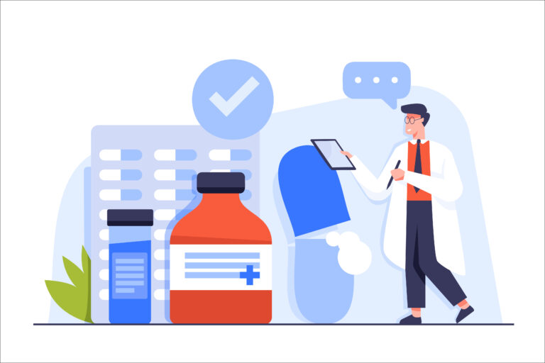 Metylofenidat w ADHD – ilustracja przedstawiająca leki, kapsułkę oraz lekarza z tabletem, symbolizujące farmakoterapię ADHD.